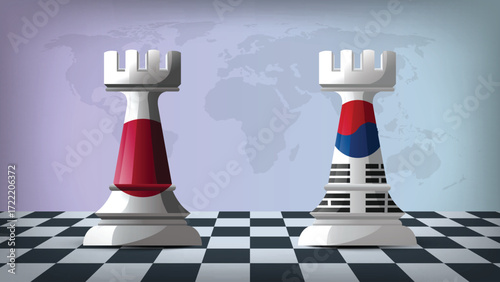 Two Standing Rooks Representing South Korea vs Japan with Flags on Bodies and World Map in Background