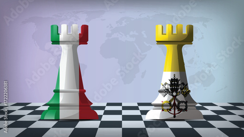Two Standing Rooks Representing Italy vs Vatican City with Flags on Bodies and World Map in Background