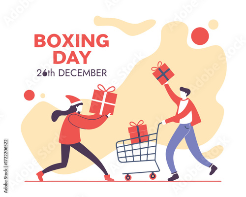 Festive Boxing Day shopping scene with excited shoppers and gifts galore showcasing the holiday spirit and retail sales event