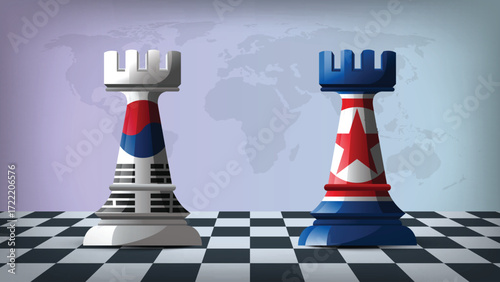 Two Standing Rooks Representing South Korea vs North Korea with Flags on Bodies and World Map in Background