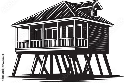 Black and white illustration of a stilt house with a porch