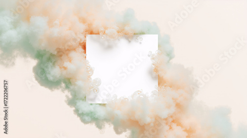 Peach and mint ink plumes with bubbles wrapping a white square frame on a warm ivory background, elegant minimal composition with empty center