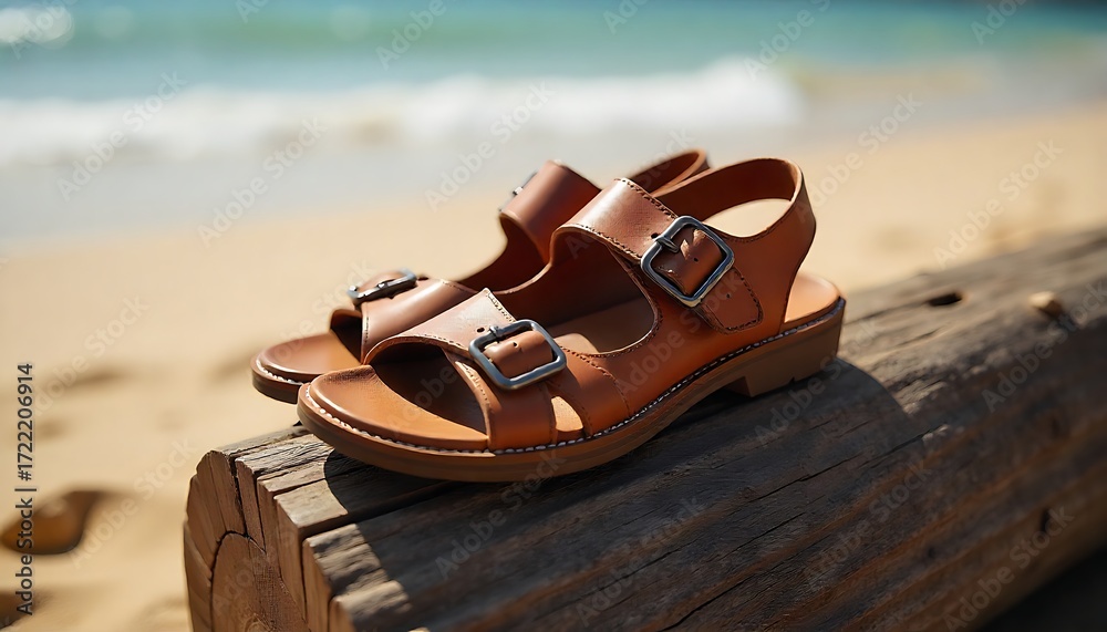 Naklejka premium Brown leather sandals with buckles rest on weathered log at sandy beach created with generative ai