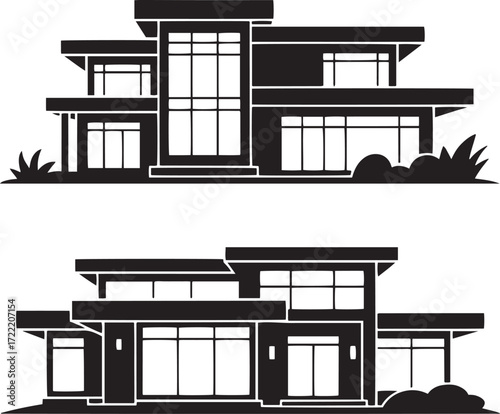 Two modern black and white houses with large windows