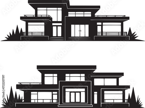 Two modern house silhouettes with balconies and windows