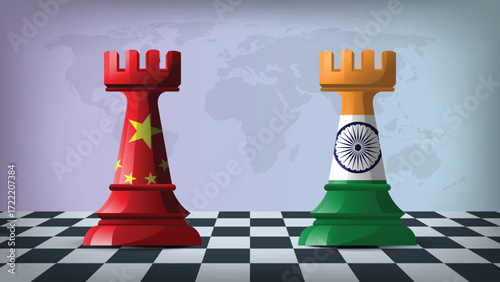 Two Standing Rooks Representing India vs China with Flags on Bodies and World Map in Background