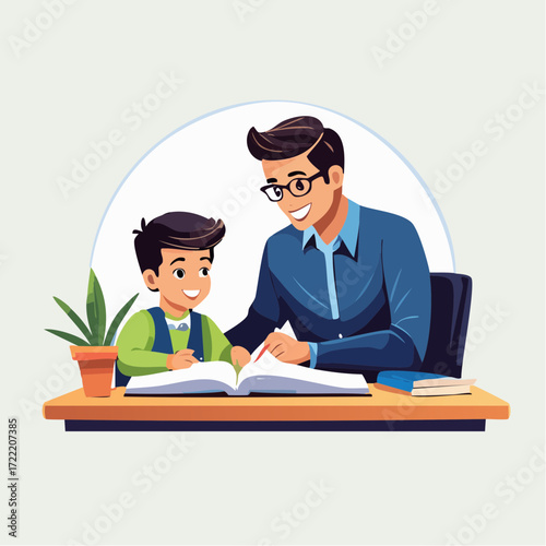 An illustration of a smiling father or teacher helping a young boy read a book at a desk, depicting education and parental support.