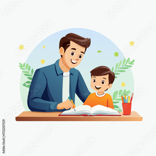 A father helps his son with homework, both smiling and focused on the task at hand.