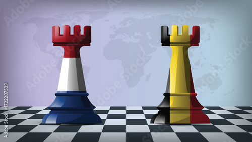 Two Standing Rooks Representing Belgium vs Netherlands with Flags on Bodies and World Map in Background