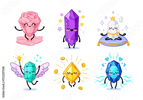 Cheerful Crystal Characters Vector Set – Flat Magical Rose Quartz, Amethyst, Clear Quartz, Turquoise, Citrine, and Sapphire with Sparkles and Smiles