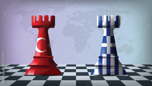 Two Standing Rooks Representing Greece vs Turkey with Flags on Bodies and World Map in Background