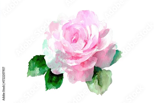 Delicate pink rose with lush green leaves.