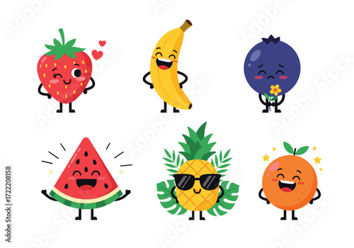 Cute fruit characters vector set – winking strawberry, laughing banana, shy blueberry, sparkling watermelon, sunglasses pineapple, giggling orange, isolated background