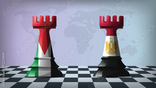 Two Standing Rooks Representing Egypt vs Palestine with Flags on Bodies and World Map in Background