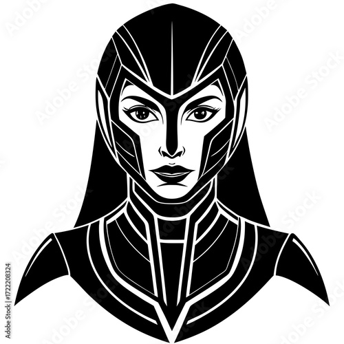 Silhouette of a Futuristic Female Cyborg Face in Solid Black