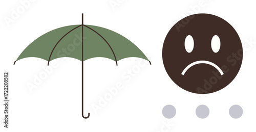 Open green umbrella beside dark sad face with ellipses. Ideal for sadness, protection, weather, safety, emotional support, stress, mental health concepts. Simple flat metaphor