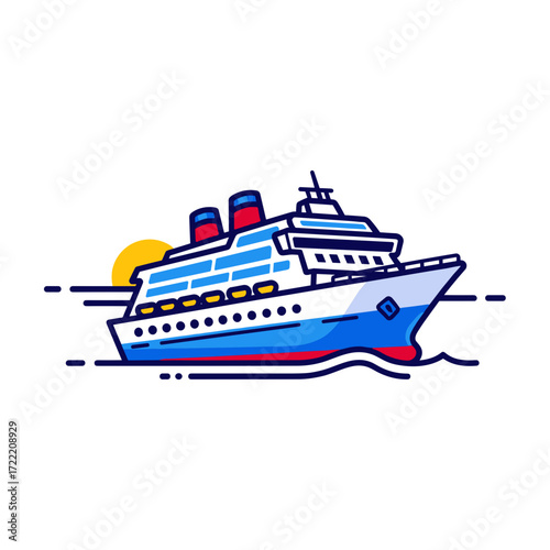Vibrant flat design cruise ship illustration with white and blue hull red accents twin funnels and a yellow sun.