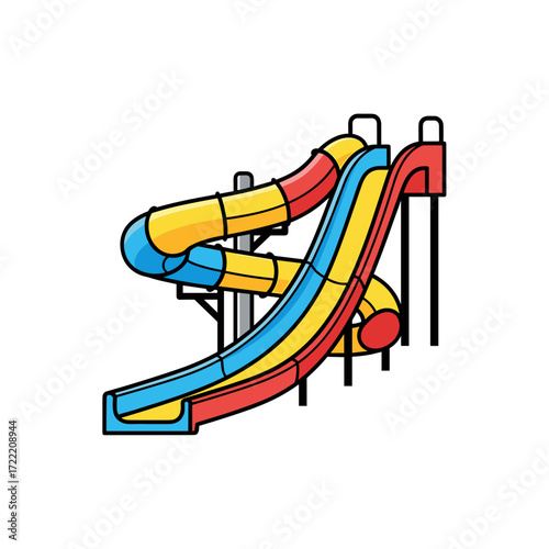 Vibrant cartoon water slide illustration featuring red yellow and blue open and enclosed chutes with support structure.