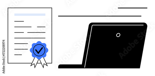 Certified document with blue checkmark and ribbon next to a laptop. Ideal for education, authentication, online learning, approval, verification, accreditation, documentation. Simple flat metaphor