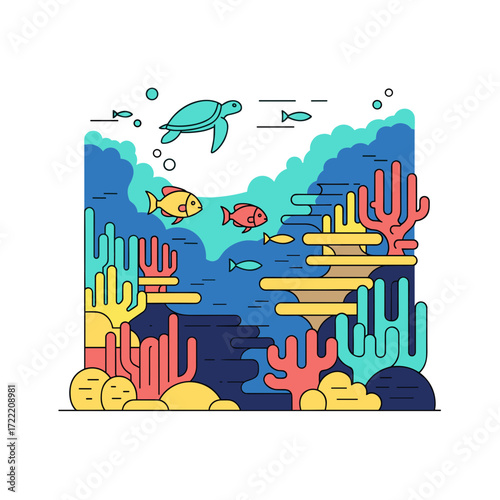 Flat line art illustration of a vibrant underwater world with a sea turtle fish and colorful coral reef.