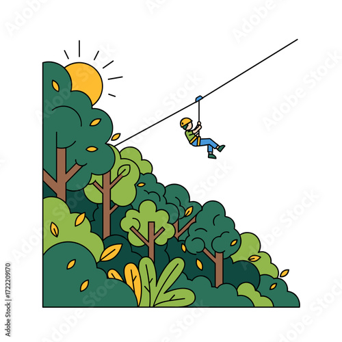 Adventurous cartoon person ziplining over a lush green forest under a bright sun.