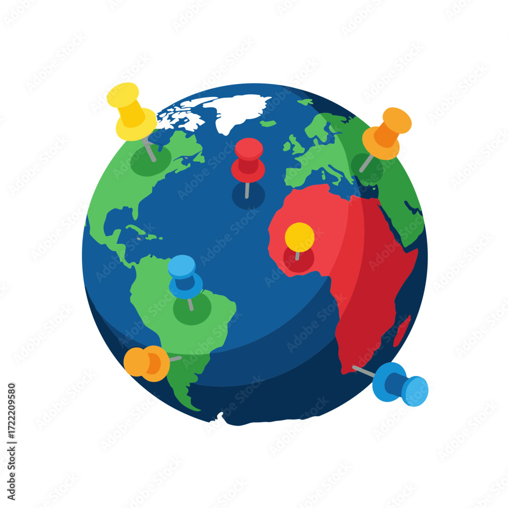 Naklejka premium Isometric Globe with Colorful Push Pins Indicating Global Locations.