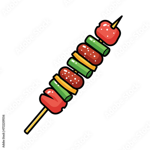 Colorful Cartoon Barbecue Kebab with Sausage Bell Pepper and Zucchini on a Stick.