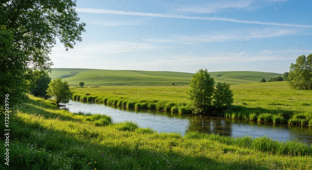 Obraz premium Serene Rural Landscape with a River and Green Rolling Hills
