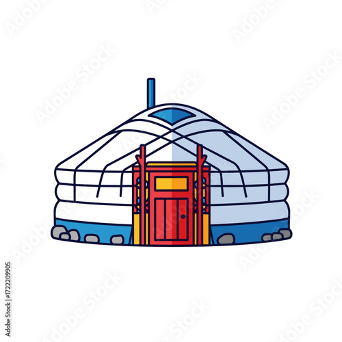 Traditional Mongolian yurt illustration with a vibrant red door and blue accents.
