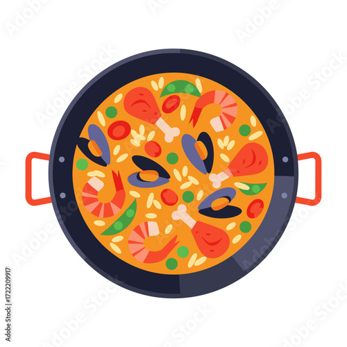 Colorful Paella Illustration with Seafood Chicken and Vegetables in Pan.