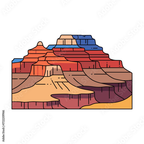 Stylized Grand Canyon illustration with colorful layered rock formations and bold black outlines.