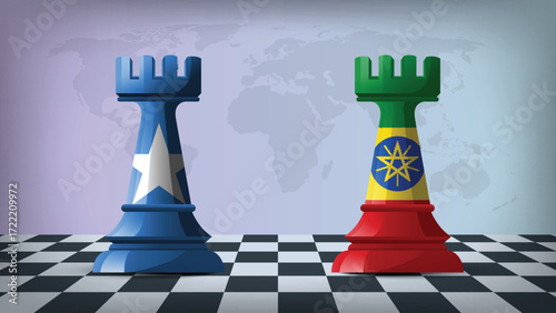 Two Standing Rooks Representing Somalia vs Ethiopia with Flags on Bodies and World Map in Background