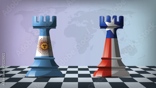 Two Standing Rooks Representing Chile vs Argentina with Flags on Bodies and World Map in Background