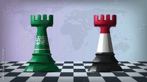 Two Standing Rooks Representing Yemen vs Saudi Arabia with Flags on Bodies and World Map in Background