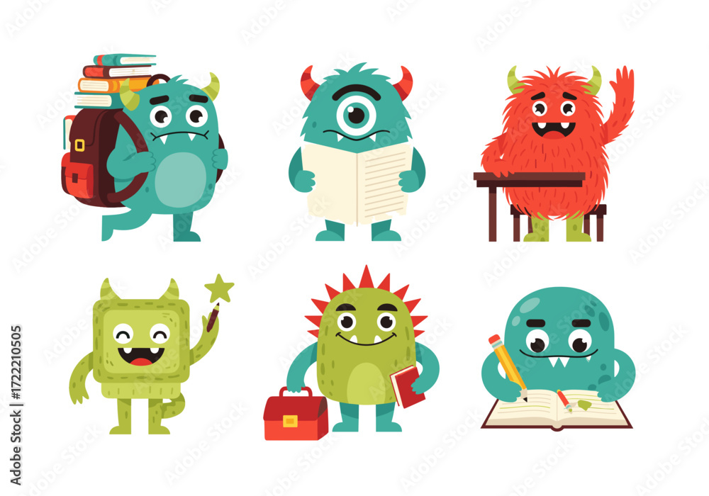 Naklejka premium Set of six colorful school monster characters – backpack, reading, raising hand, drawing, lunchbox, and notebook – playful flat vector style, isolated background
