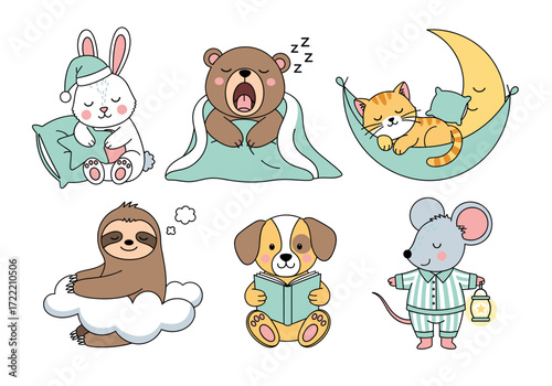 Set of six baby animals in cozy bedtime poses – bunny, bear, kitten, sloth, puppy, and mouse in pastel vector style, isolated background