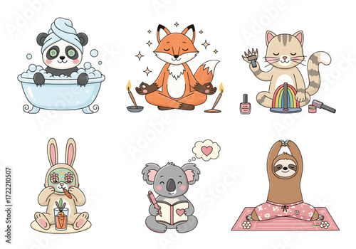Self-Care Animal Vector Set – Flat Cartoon Panda, Fox, Cat, Bunny, Koala, and Sloth Relaxing with Spa, Yoga, Journaling, and Mindful Wellness Activities