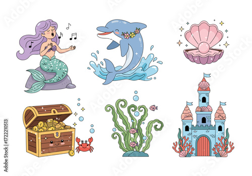 Set of cute mermaid and sea fantasy elements – pastel mermaid, dolphin, pearl, treasure chest, seaweed, and underwater castle – vector cartoon, isolated background