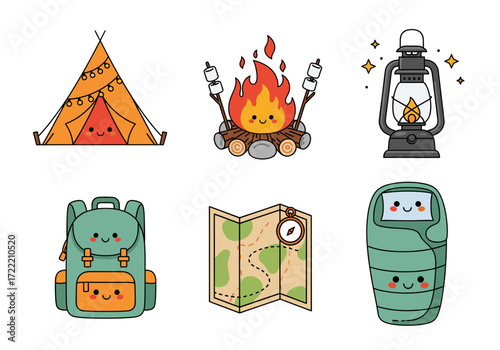Set of six cute camping icons – smiling tent, campfire, lantern, backpack, map, and sleeping bag – bold colorful flat vector style, isolated background
