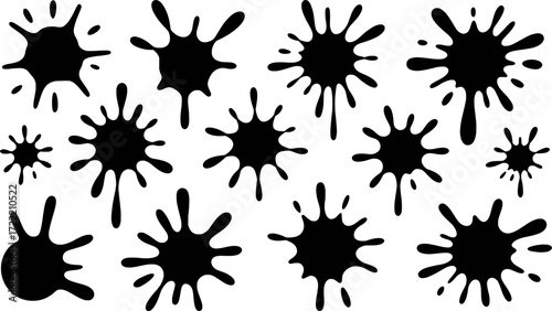 Black ink splatters abstract shapes on white splash blot