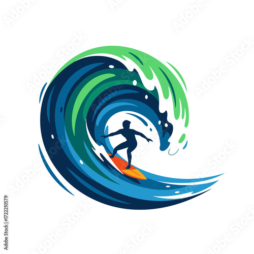 Surfer Riding a Large Colorful Wave in Vector Illustration.