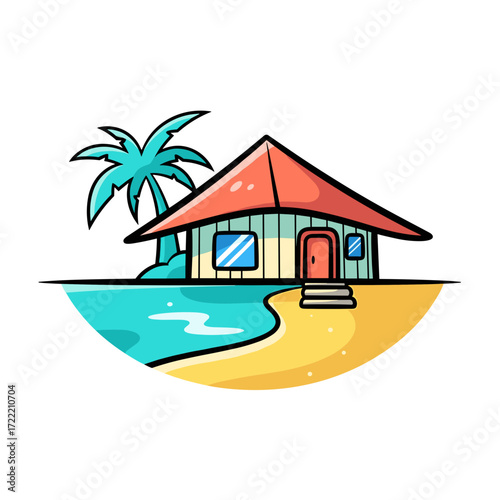 Cartoon Beach Hut with Red Roof Palm Tree and Sandy Beach Illustration.
