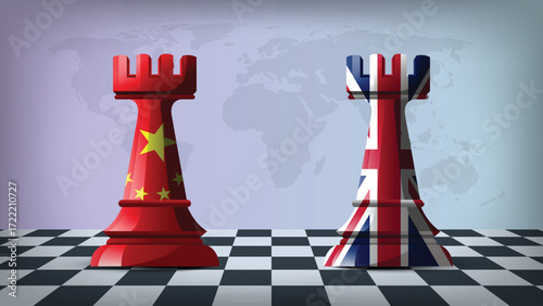 Two Standing Rooks Representing China vs UK with Flags on Bodies and World Map in Background