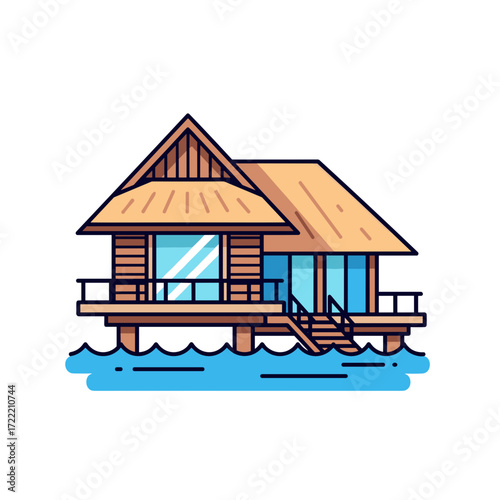 Stylized tropical overwater bungalow illustration with wooden stilts and a thatched roof standing in blue water.