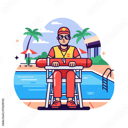 Stylized male lifeguard character in red and yellow uniform wearing sunglasses and cap holding a red rescue tube.