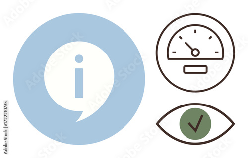 Blue info symbol next to a speed gauge and an eye with a check mark, representing information, efficiency, and accuracy. Ideal for analytics, quality, insights, tools, monitoring validation simple