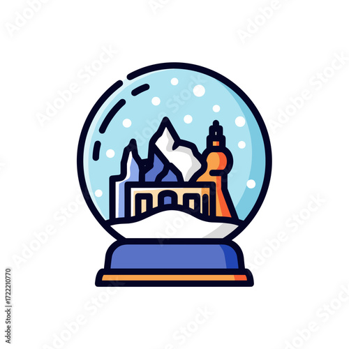 Colorful cartoon snow globe icon with a miniature winter mountain and city scene inside a glass dome.