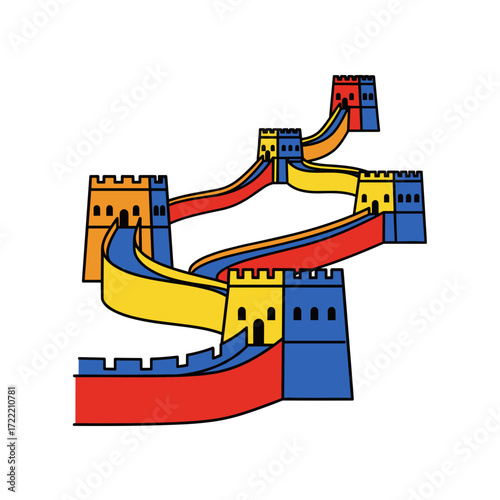 Colorful cartoon Great Wall of China illustration with red yellow blue sections and watchtowers.