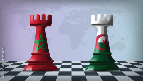 Two Standing Rooks Representing Morocco vs Algeria with Flags on Bodies and World Map in Background