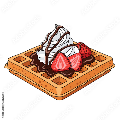 Delicious Waffle Topped with Whipped Cream Chocolate Drizzle and Strawberries.
